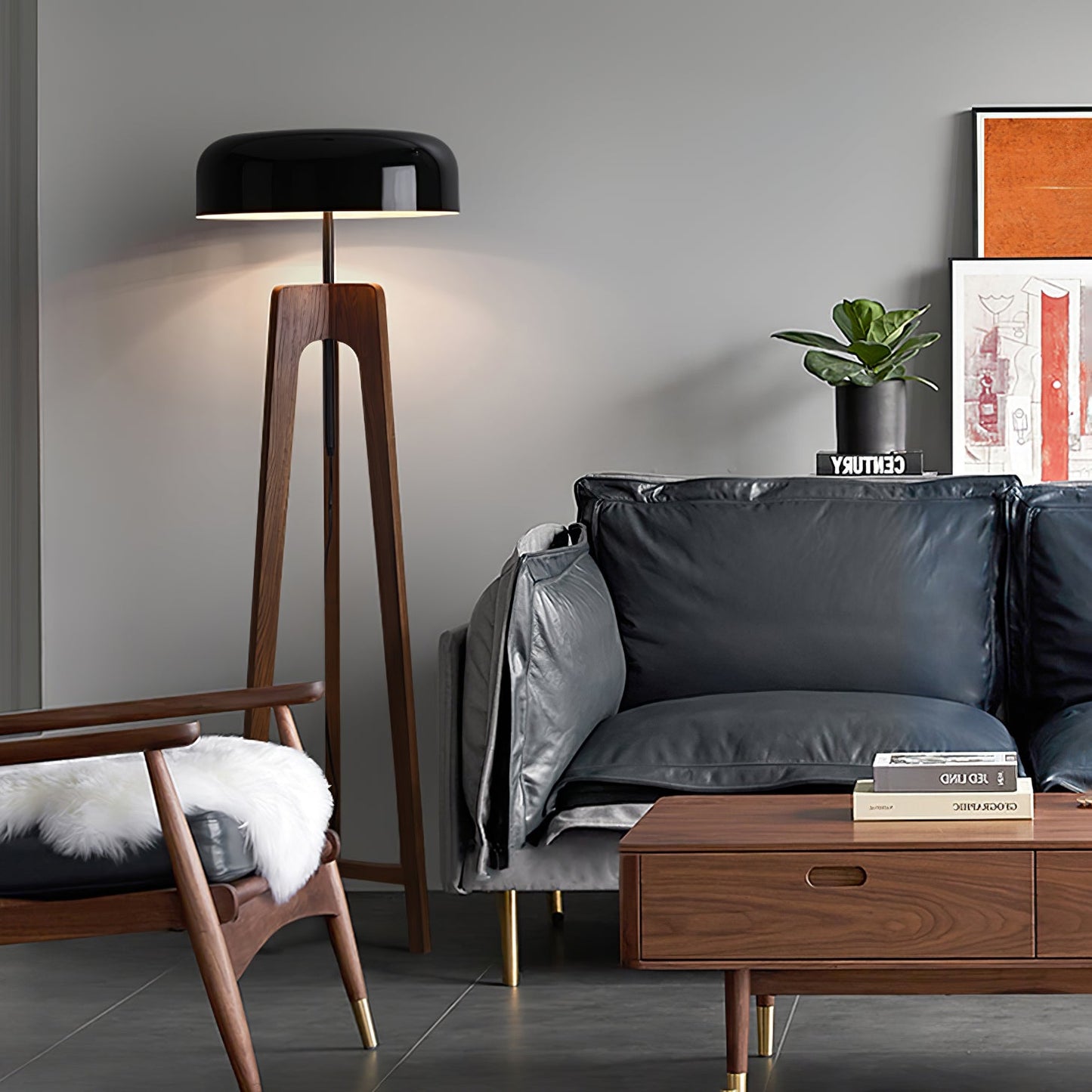 Linea Floor Lamp - LED Walnut with Black Shade for Indoor Use