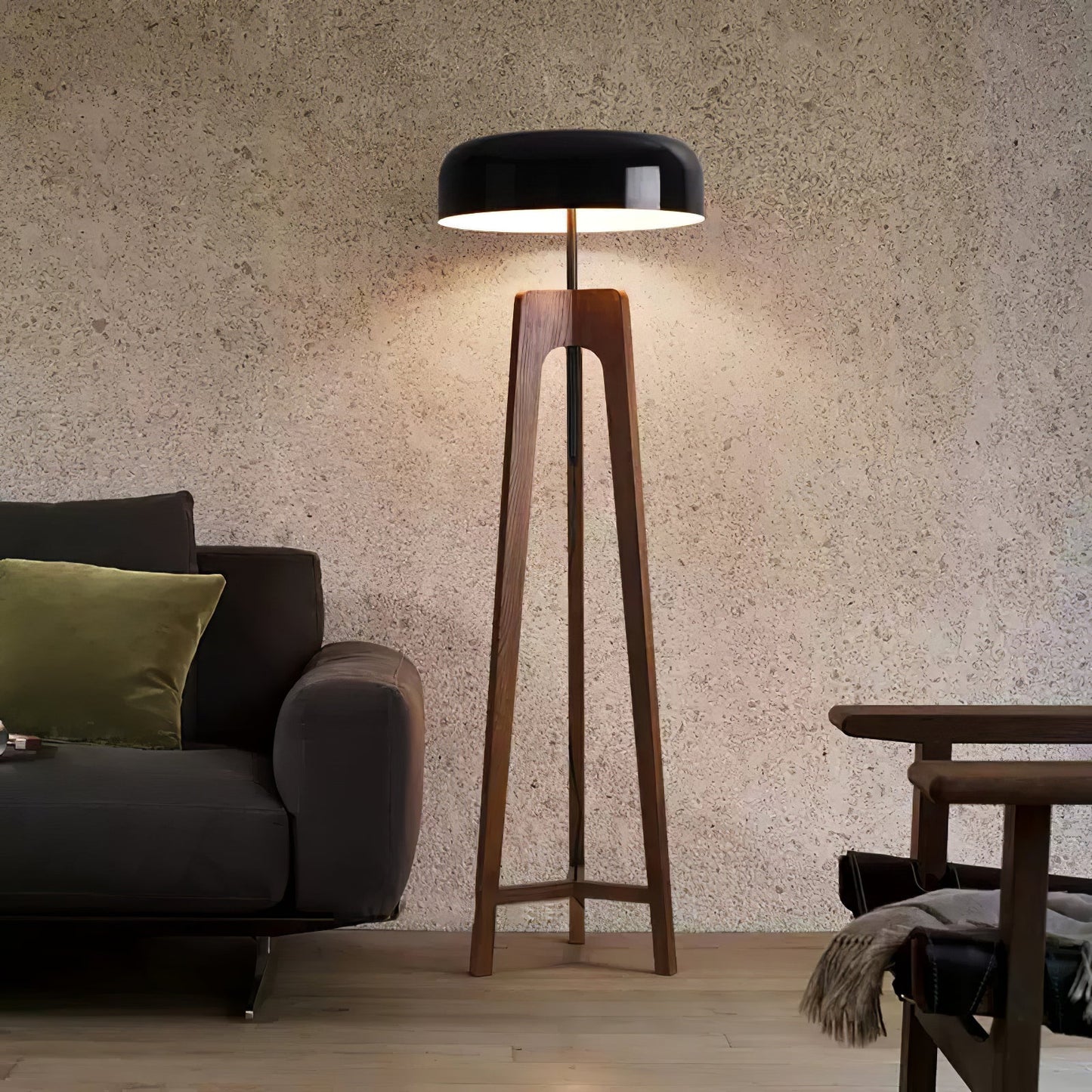 Linea Floor Lamp - LED Walnut with Black Shade for Indoor Use