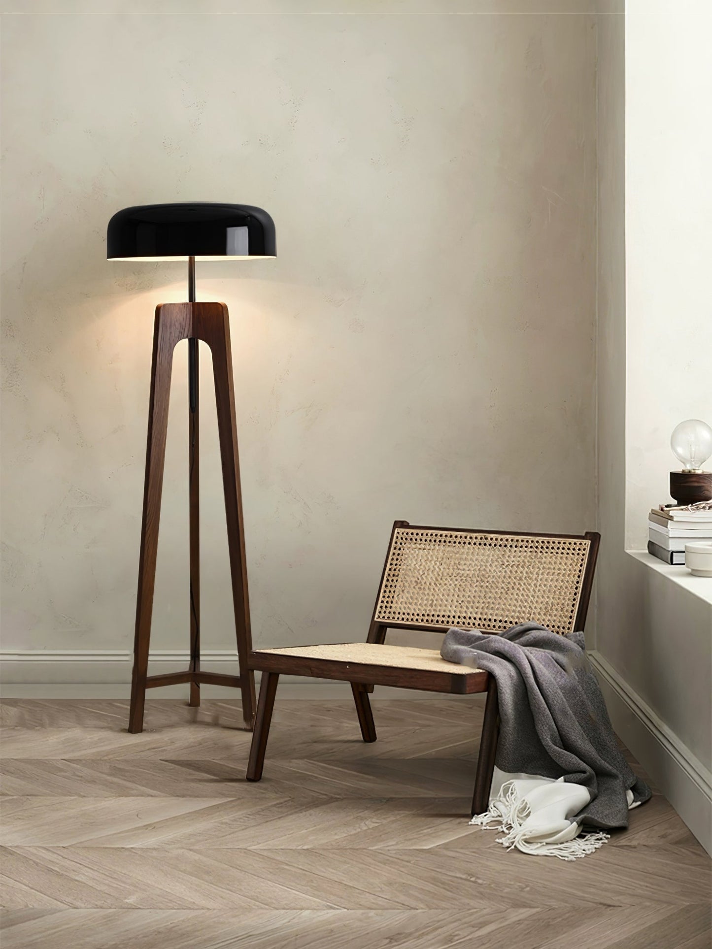 Linea Floor Lamp - LED Walnut with Black Shade for Indoor Use