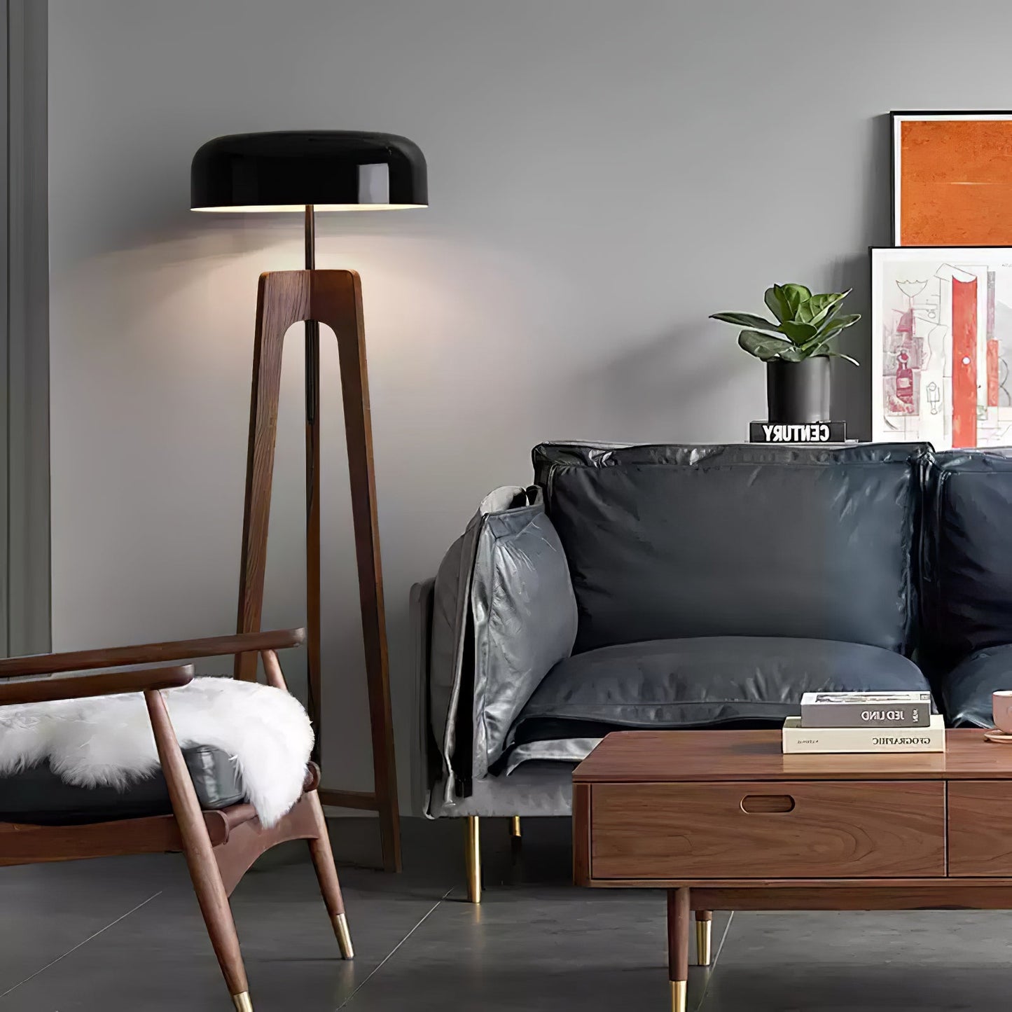 Linea Floor Lamp - LED Walnut with Black Shade for Indoor Use
