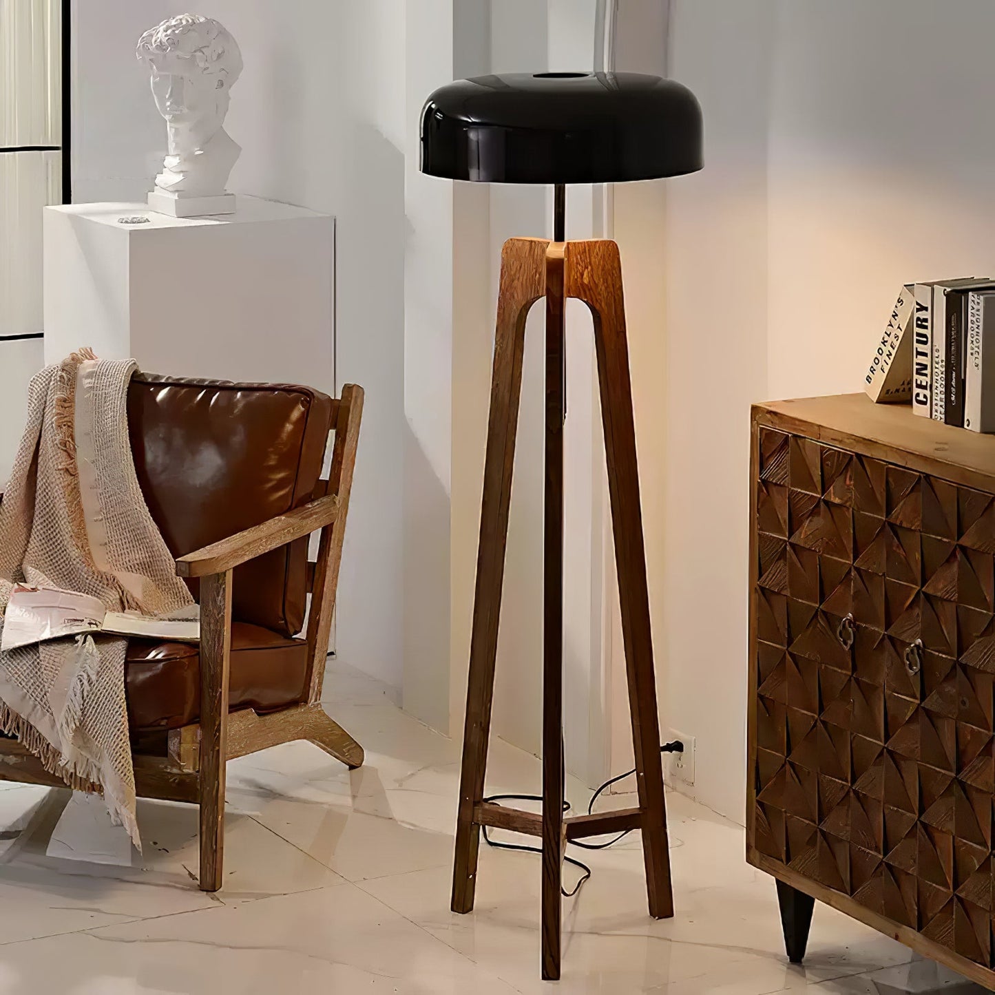 Linea Floor Lamp - LED Walnut with Black Shade for Indoor Use