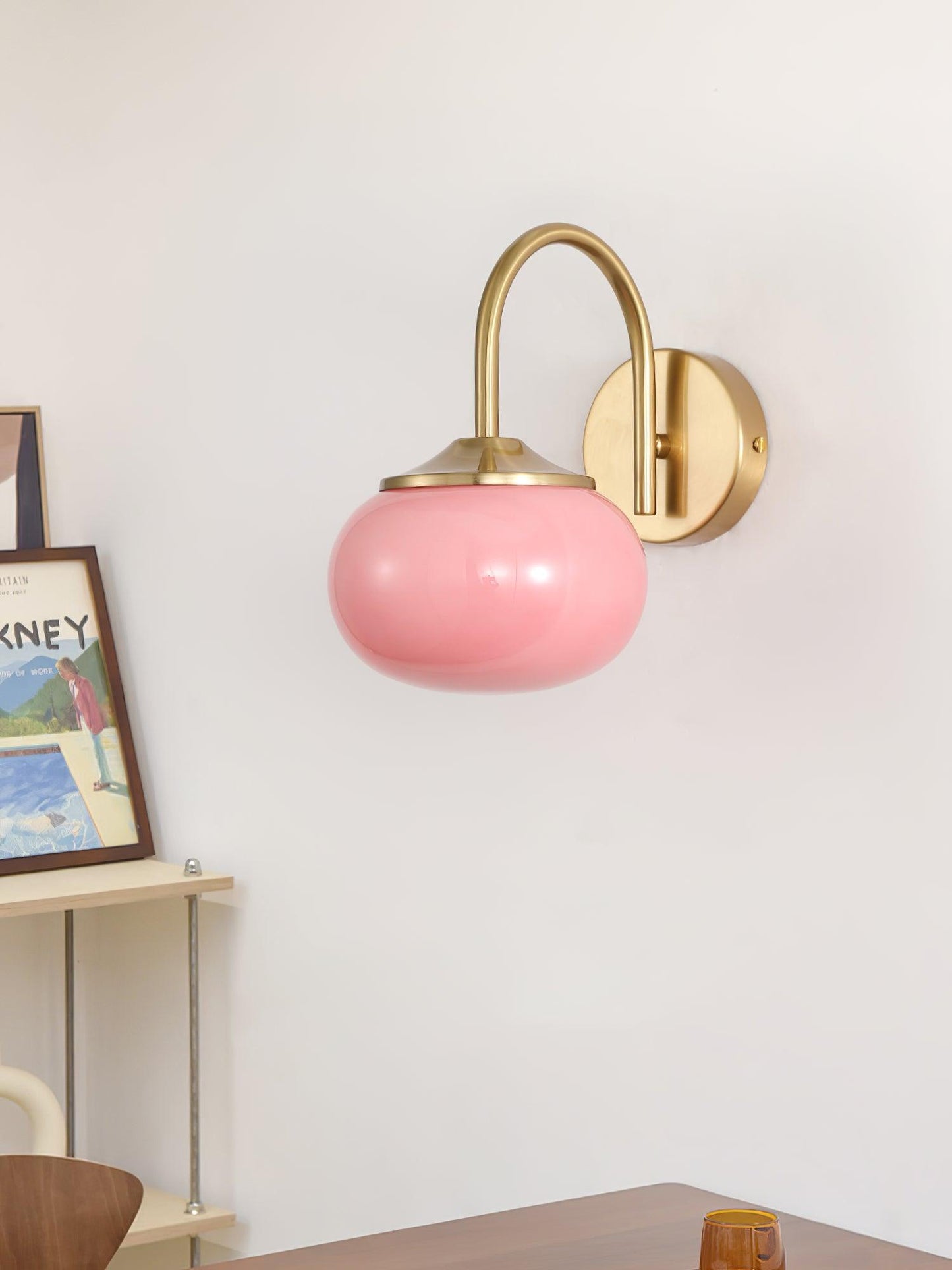 Marshmallow Wall Lamp with Pink Glass Shade and Gold Finish