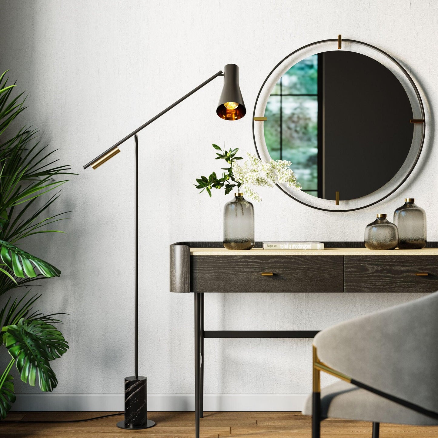 Metro Floor Lamp with Black Marble Base and LED Light