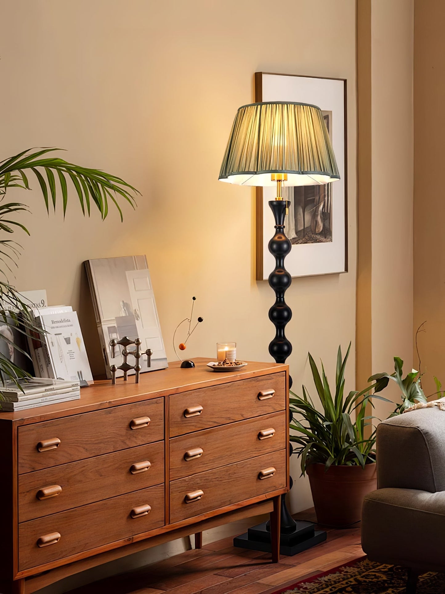 Artemisia Floor Lamp with Sculptural Black Base and White Shade