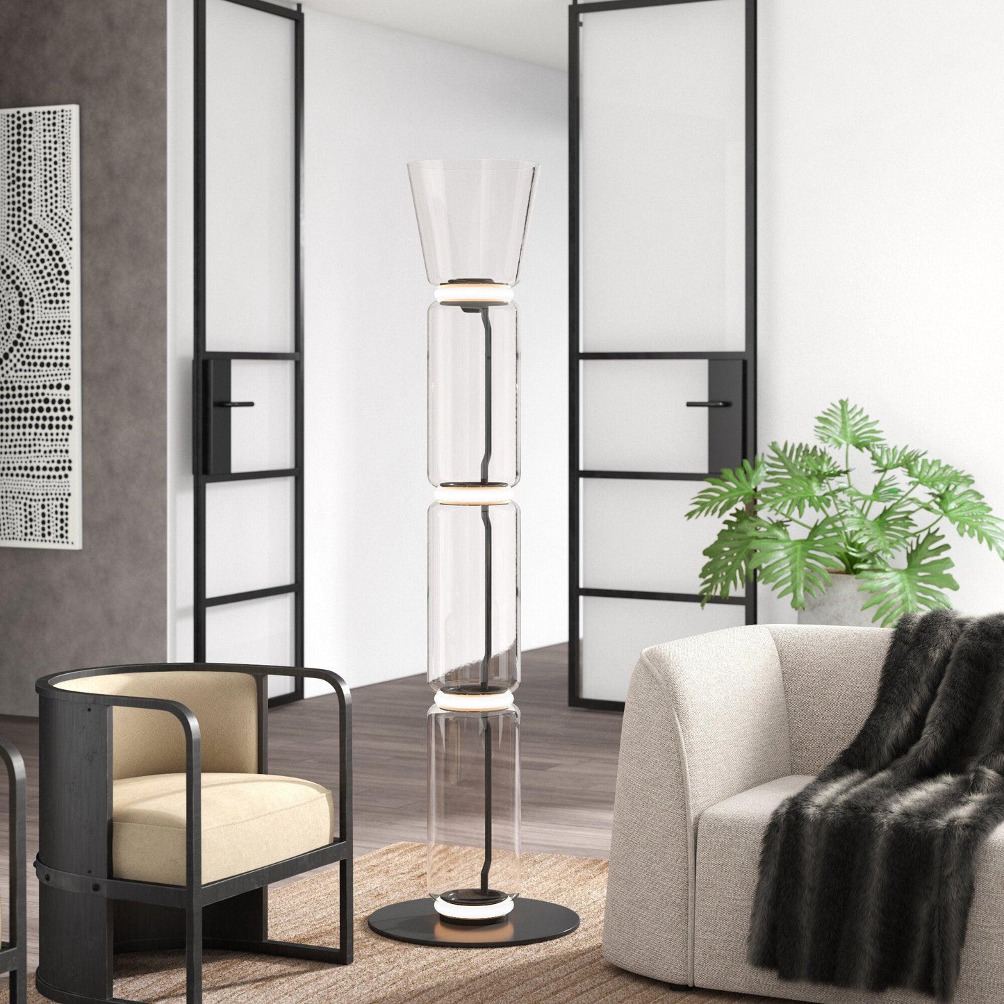 Bamboo Glass Floor Lamp with Integrated LED Light, Stylish Design