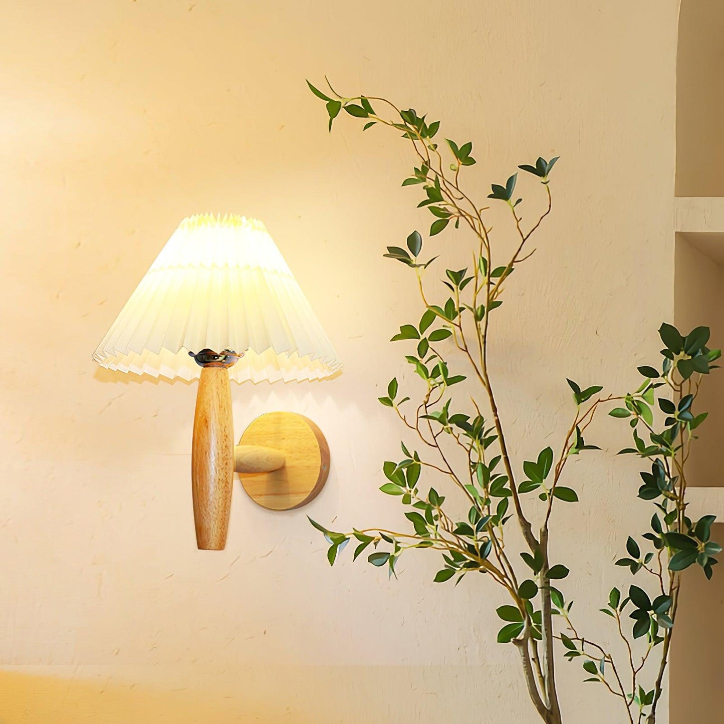 Oak Pleated Wall Light - Natural Oak Fabric Shade, LED