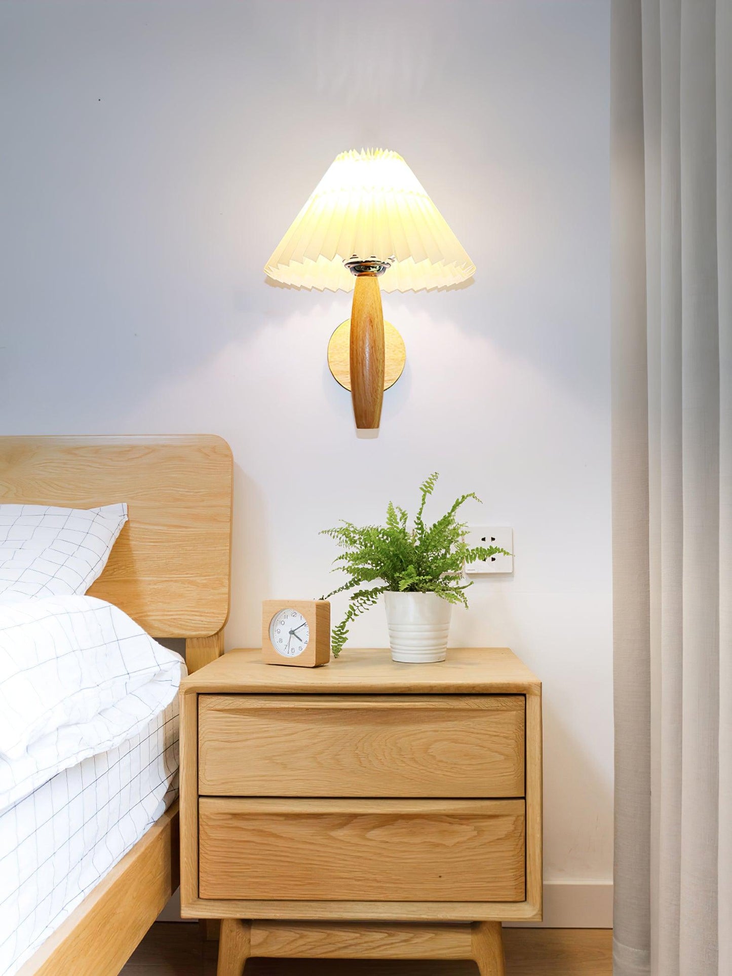 Oak Pleated Wall Light - Natural Oak Fabric Shade, LED