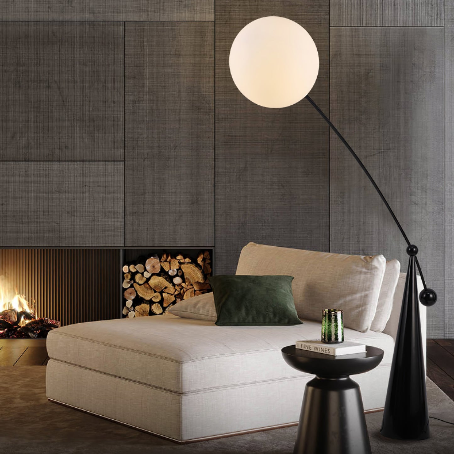 Opal Arc Floor Lamp with LED, Black Metal, Indoor Use