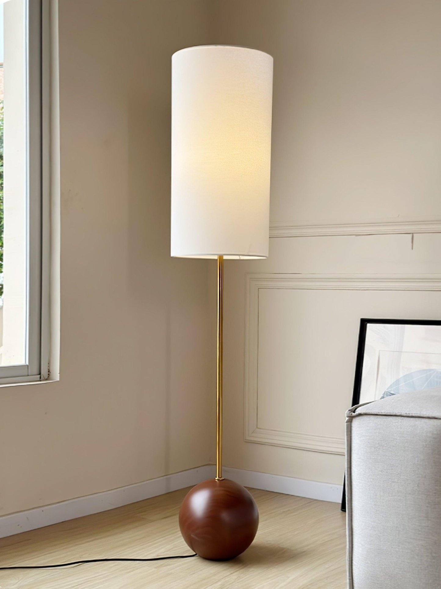 Orbis Wooden Sphere Floor Lamp LED Fabric Shade Natural Wood