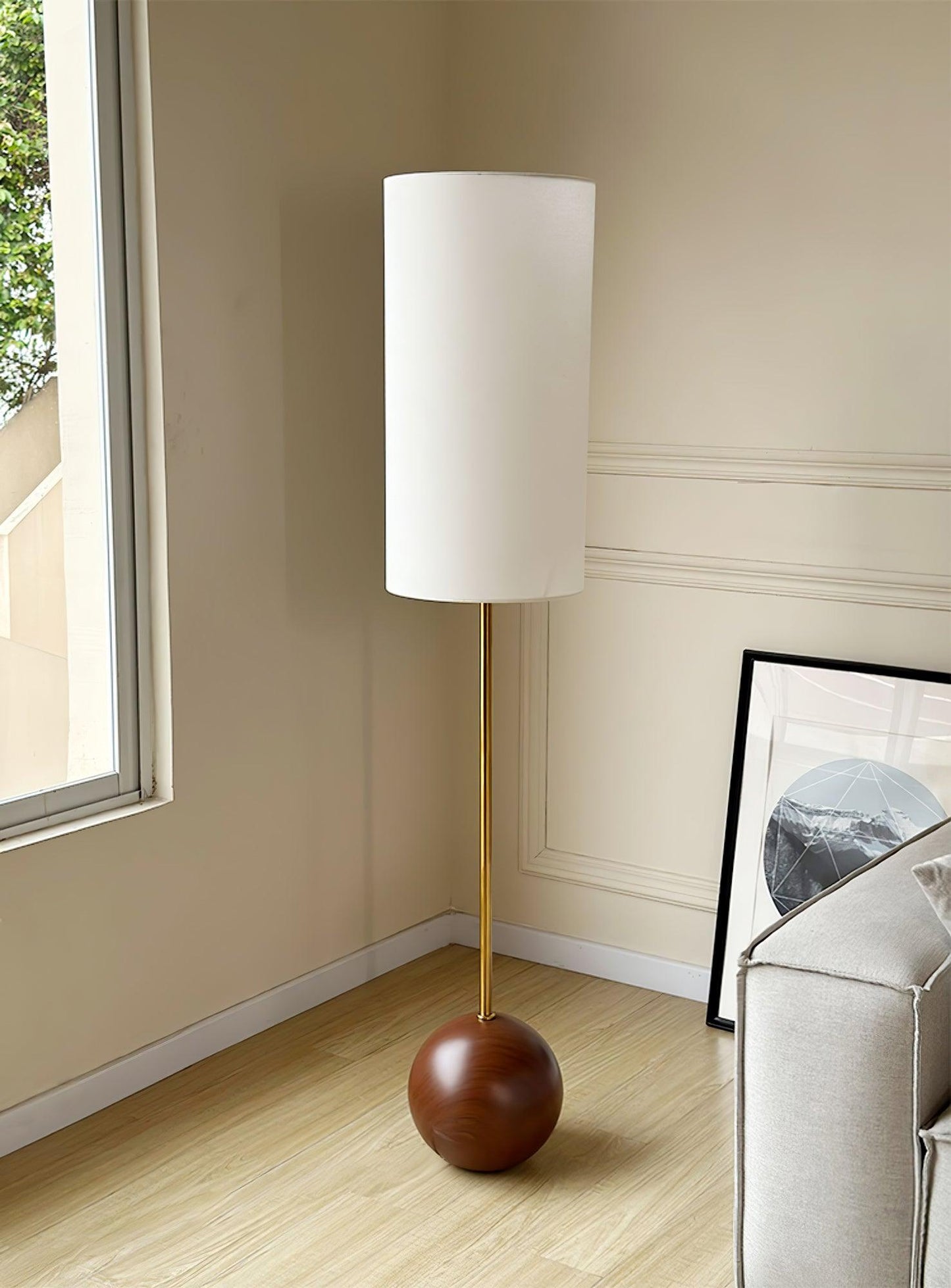 Orbis Wooden Sphere Floor Lamp LED Fabric Shade Natural Wood