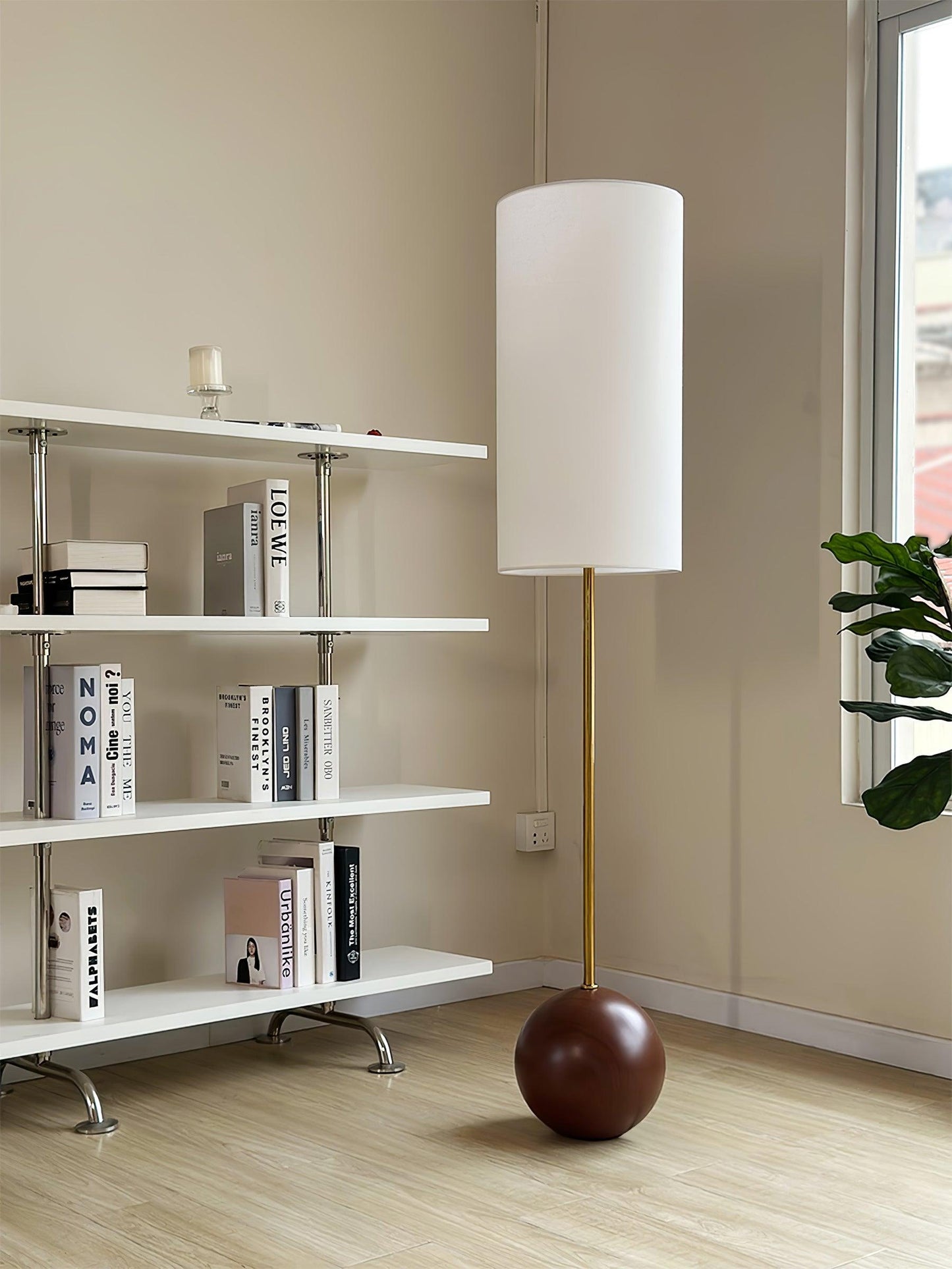 Orbis Wooden Sphere Floor Lamp LED Fabric Shade Natural Wood