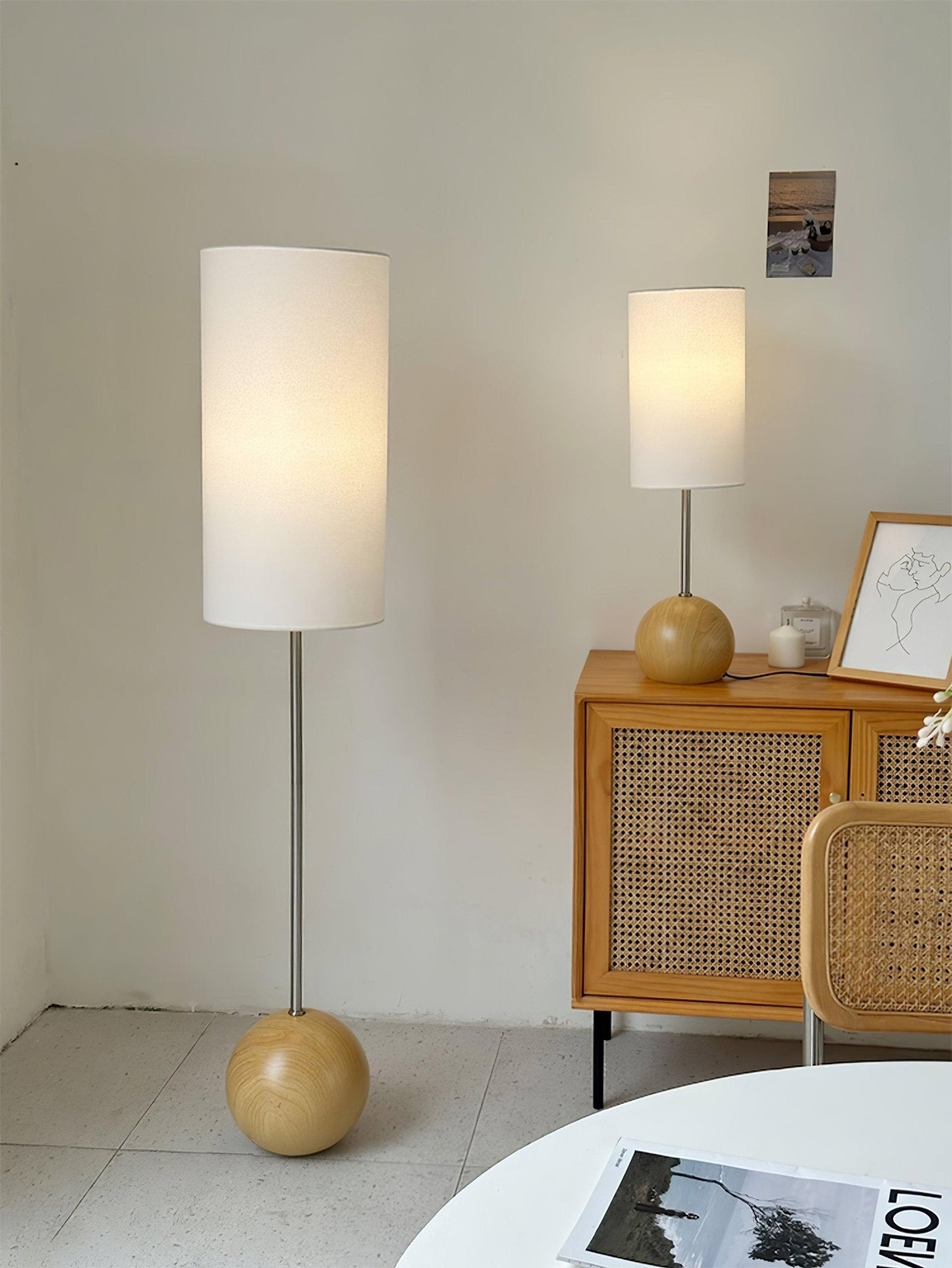 Orbis Wooden Sphere Floor Lamp LED Fabric Shade Natural Wood