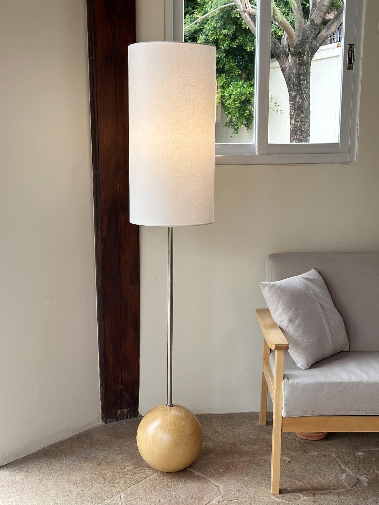 Orbis Wooden Sphere Floor Lamp LED Fabric Shade Natural Wood