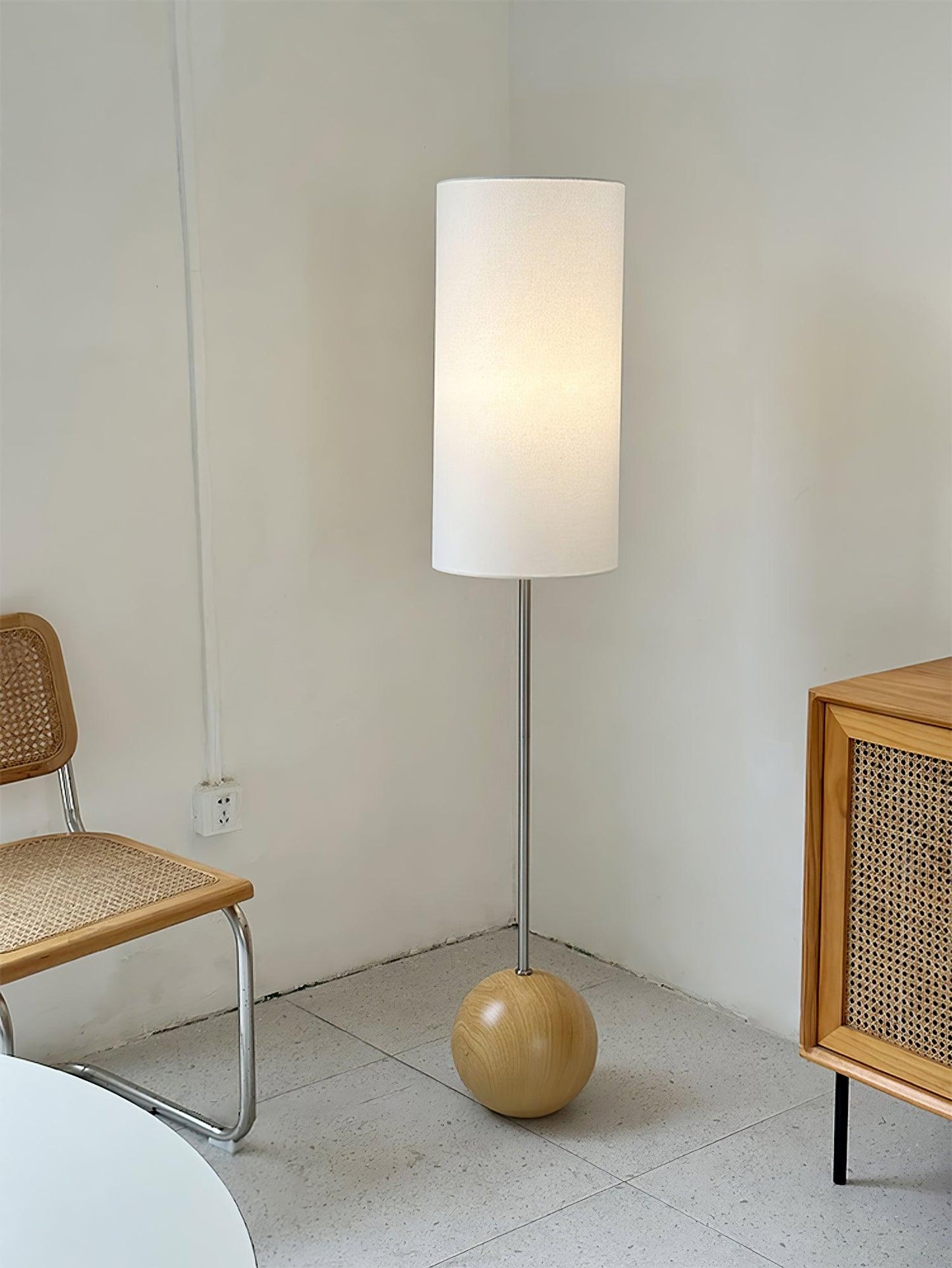 Orbis Wooden Sphere Floor Lamp LED Fabric Shade Natural Wood