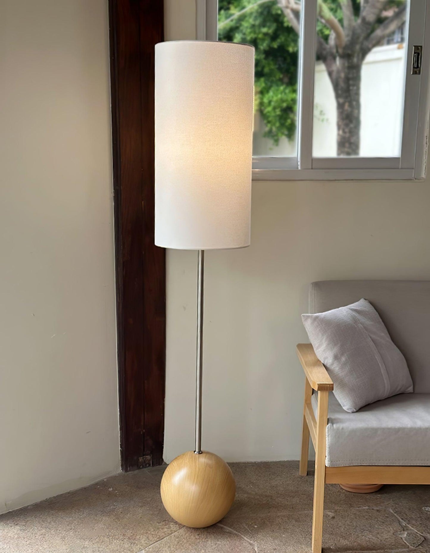 Orbis Wooden Sphere Floor Lamp LED Fabric Shade Natural Wood