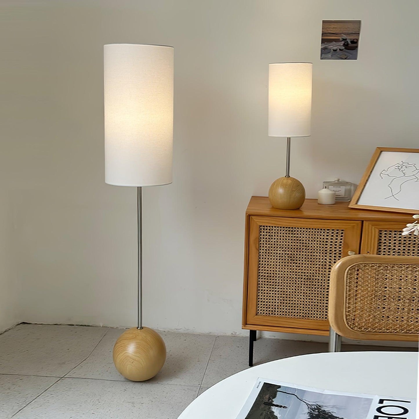 Orbis Wooden Sphere Floor Lamp LED Fabric Shade Natural Wood