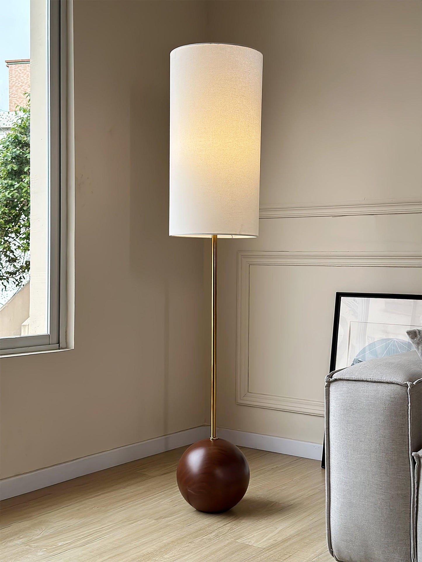 Orbis Wooden Sphere Floor Lamp LED Fabric Shade Natural Wood
