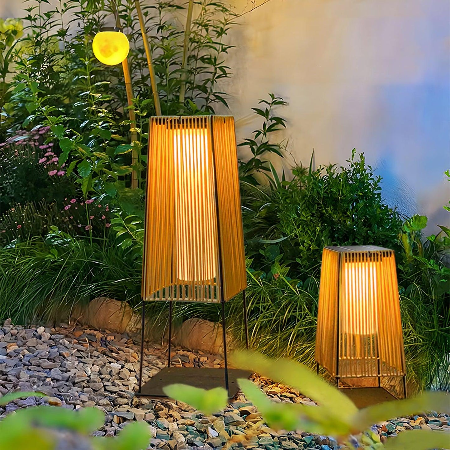 Plastic Rattan Outdoor Post Light - Solar Powered LED, Waterproof