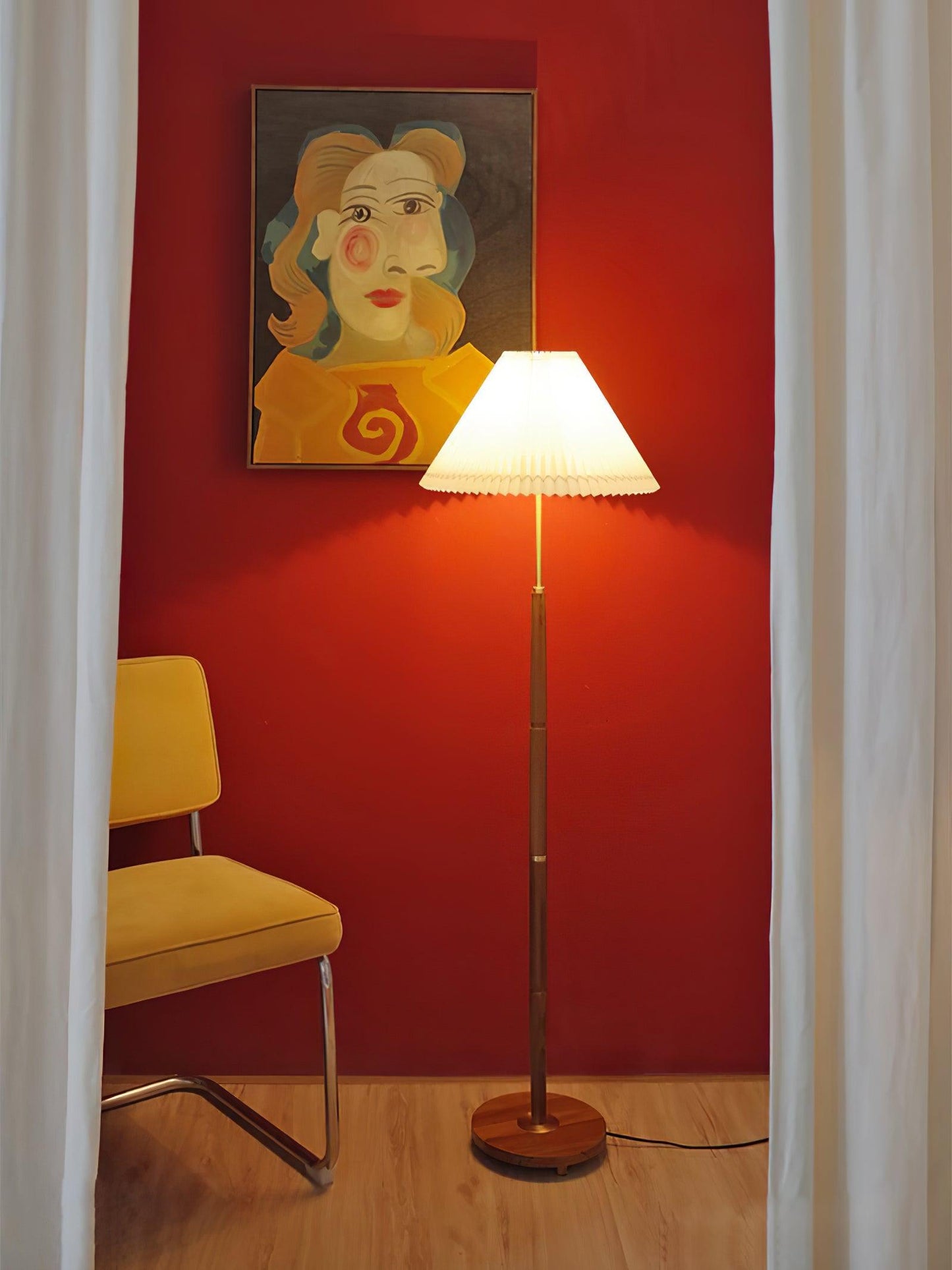 Pleated Floor Lamp - Elegant LED Design, Indoor Use, Wood Base