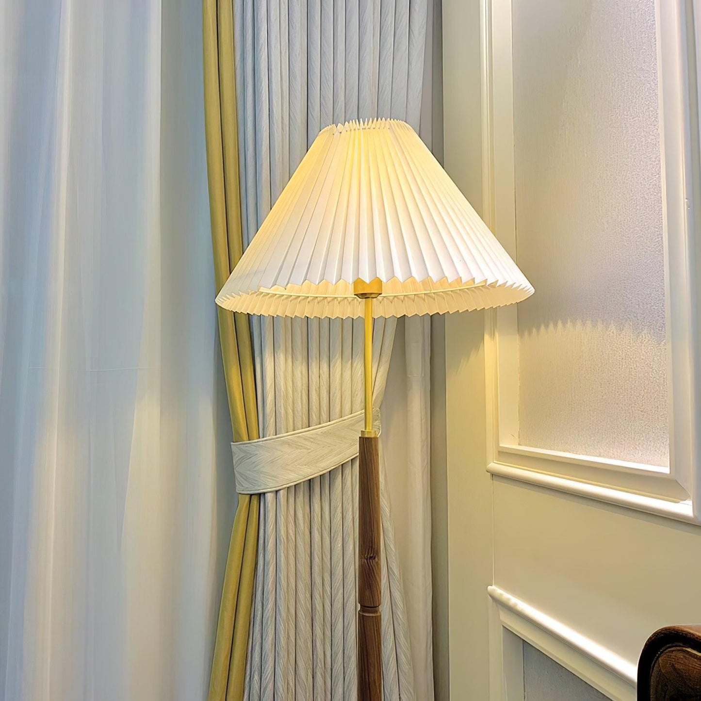 Pleated Floor Lamp - Elegant LED Design, Indoor Use, Wood Base