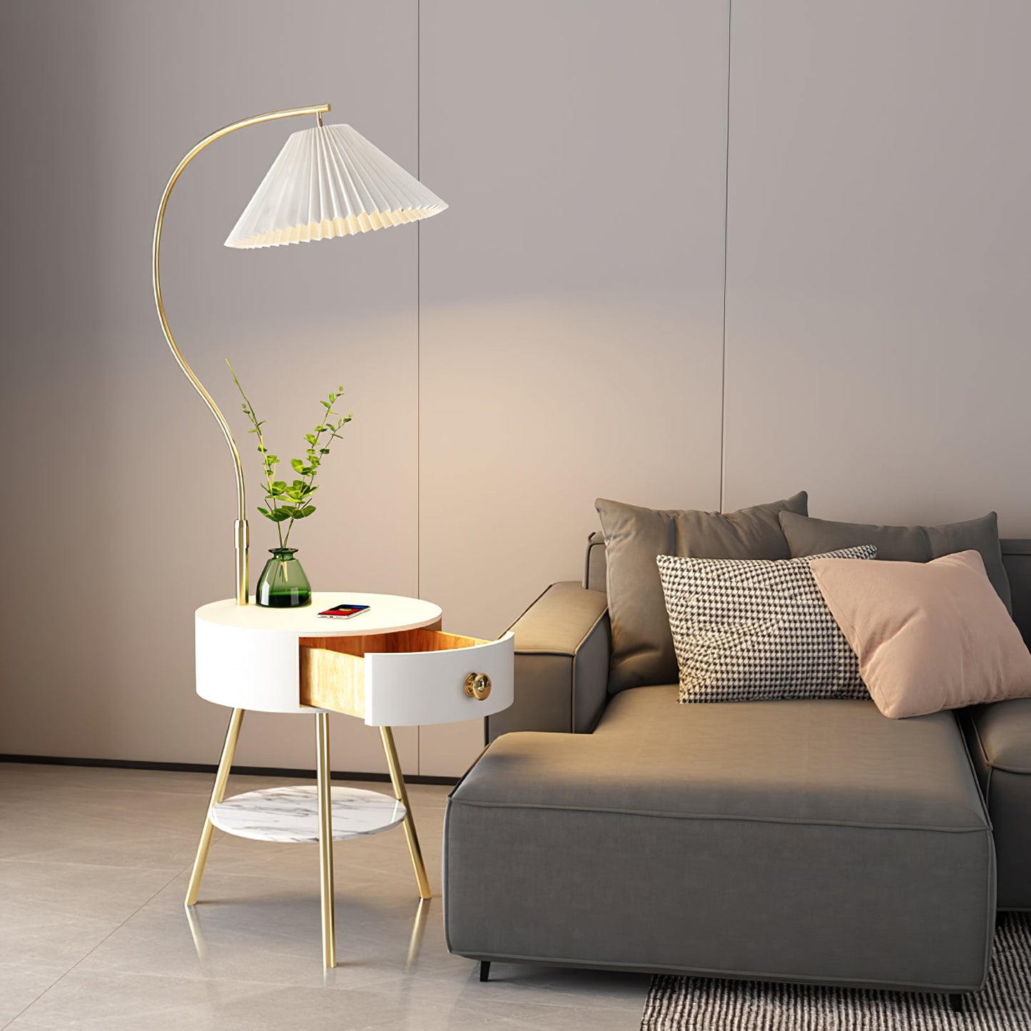 Pleated Nightstand Floor Light with Gold Base and Shade