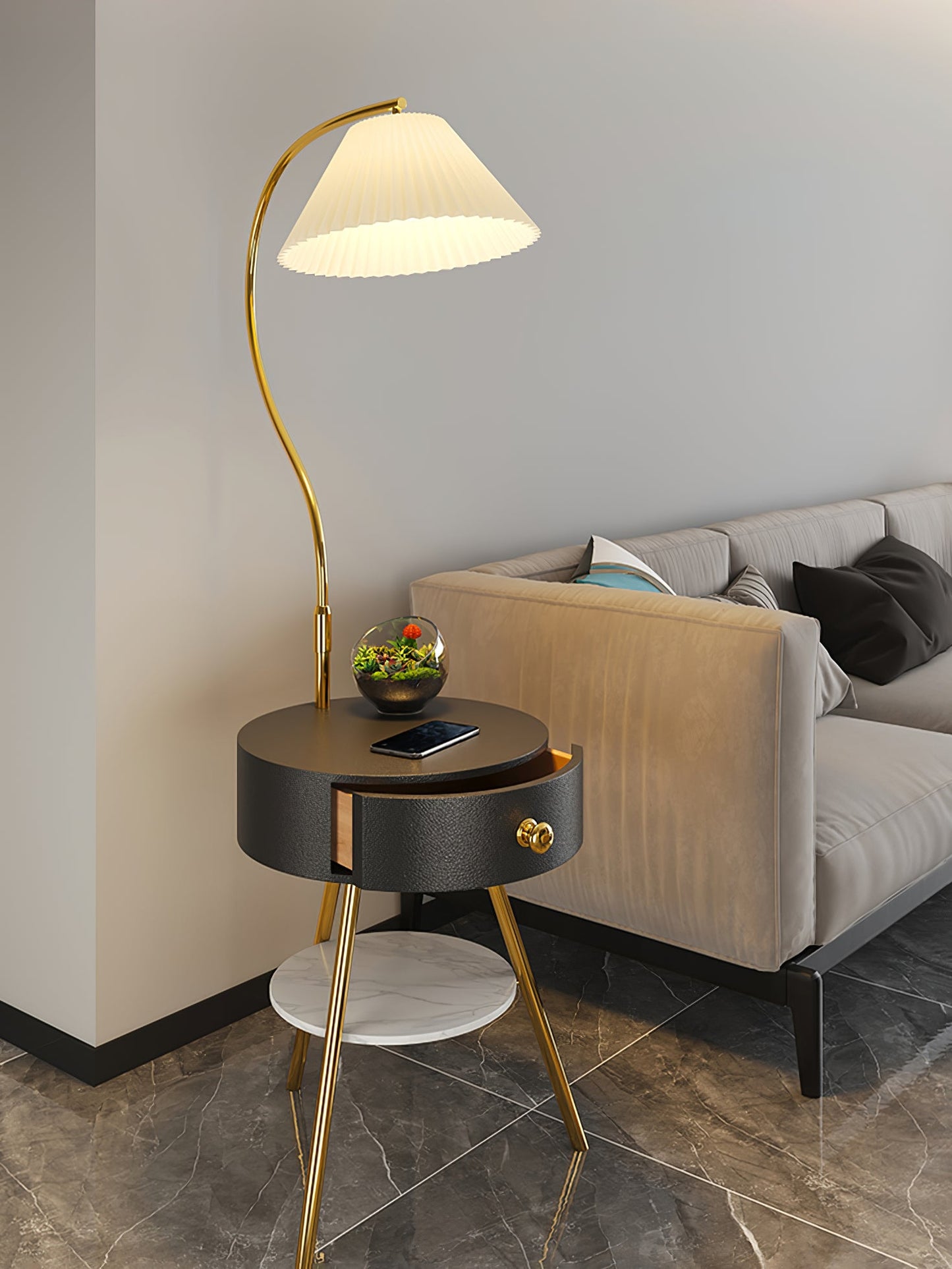 Pleated Nightstand Floor Light with Gold Base and Shade