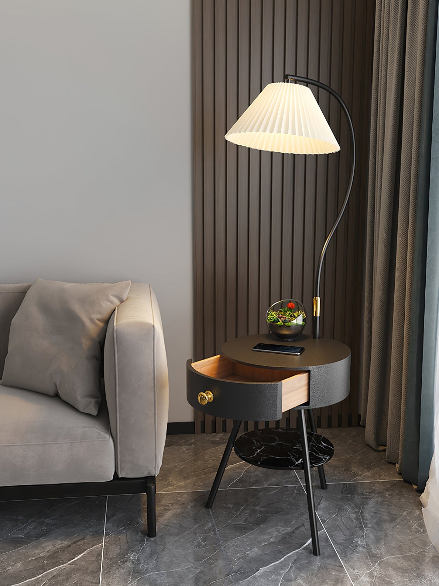 Pleated Nightstand Floor Light with Gold Base and Shade