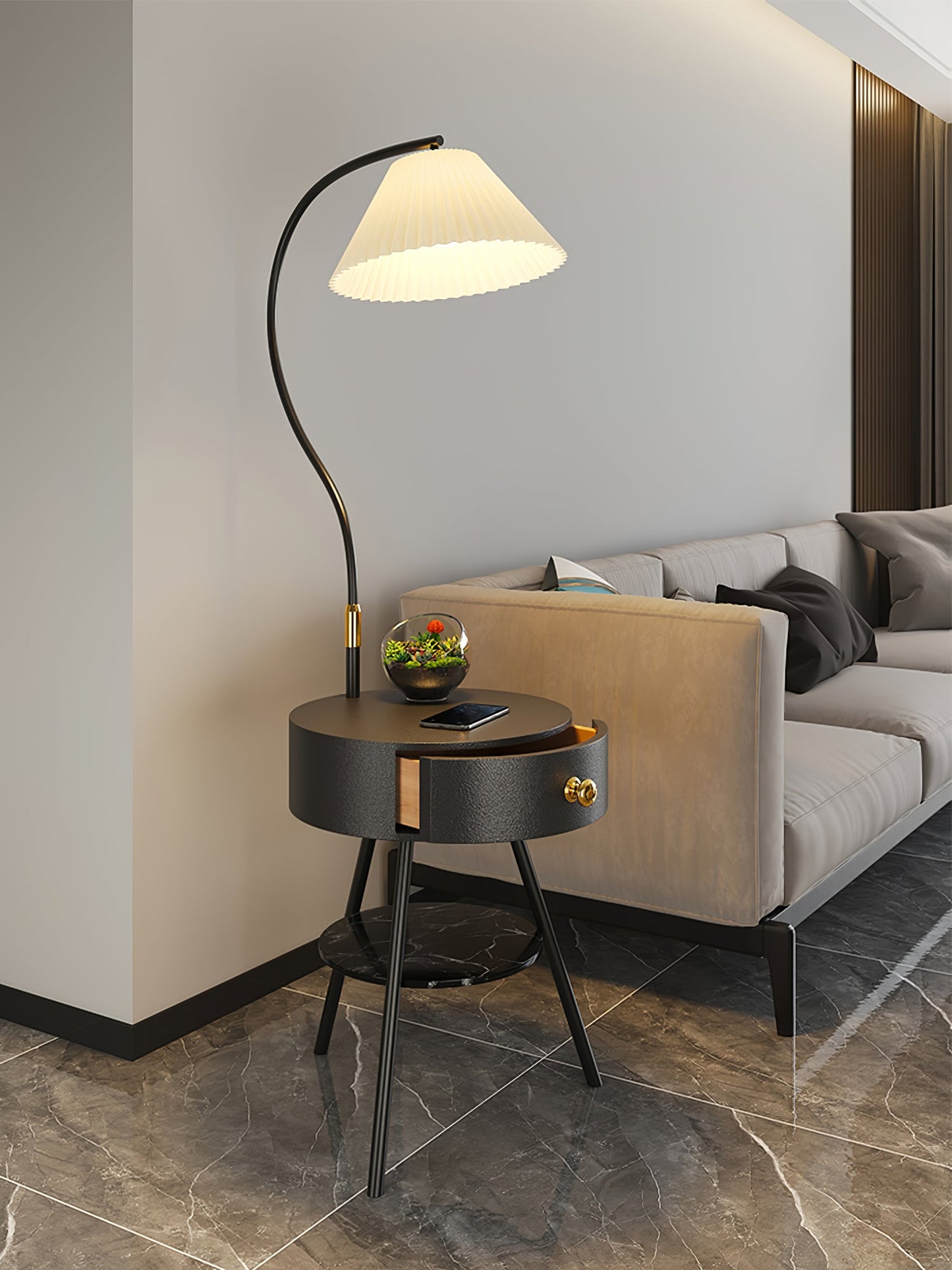 Pleated Nightstand Floor Light with Gold Base and Shade
