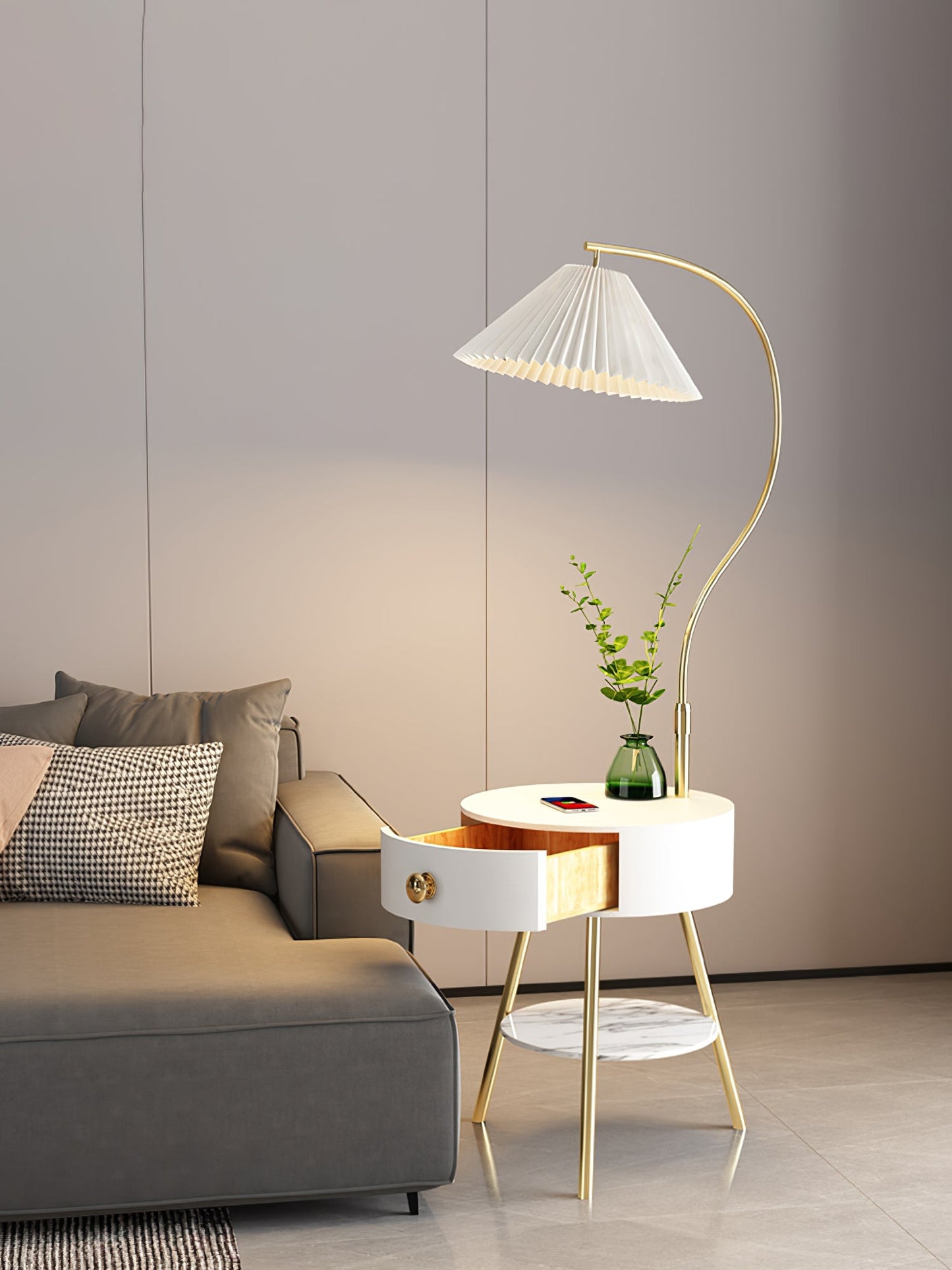 Pleated Nightstand Floor Light with Gold Base and Shade