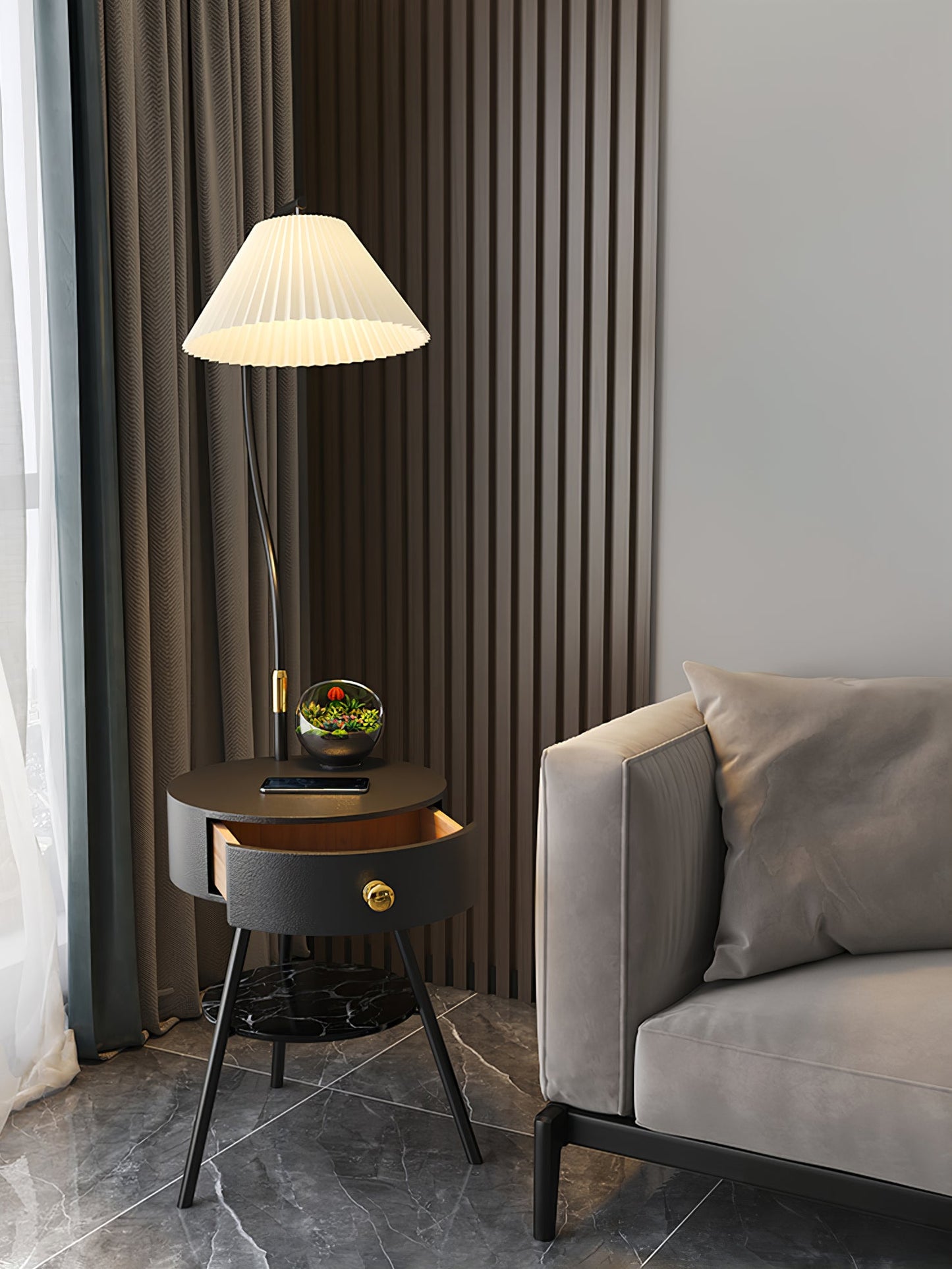 Pleated Nightstand Floor Light with Gold Base and Shade