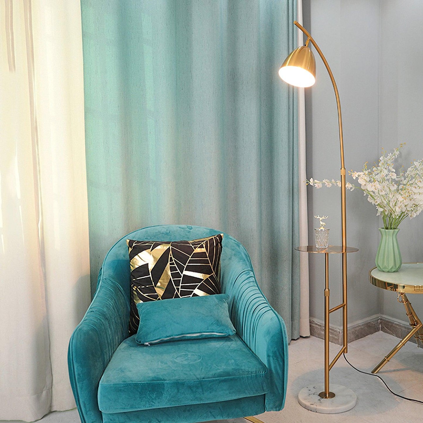 Rani Floor Lamp with Tray, LED, Metal, Black, Gold Finish