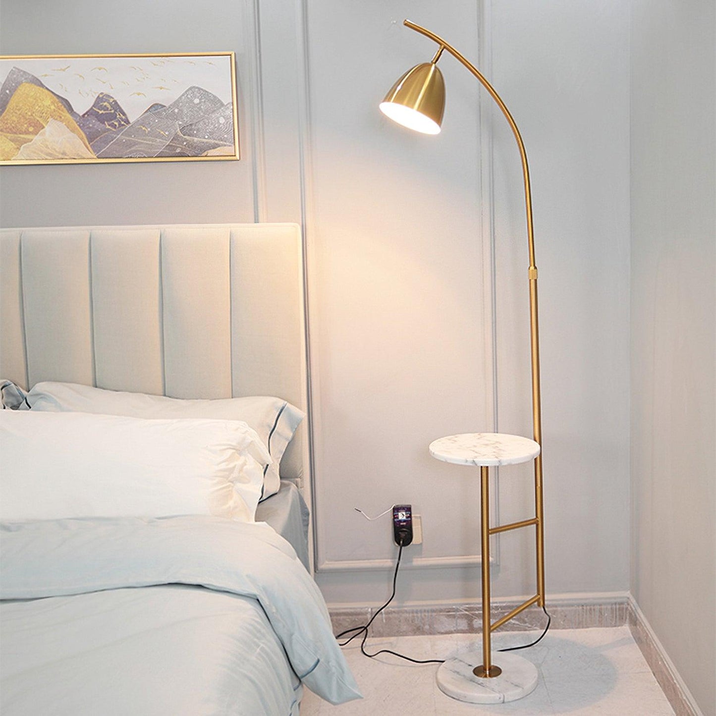 Rani Floor Lamp with Tray, LED, Metal, Black, Gold Finish