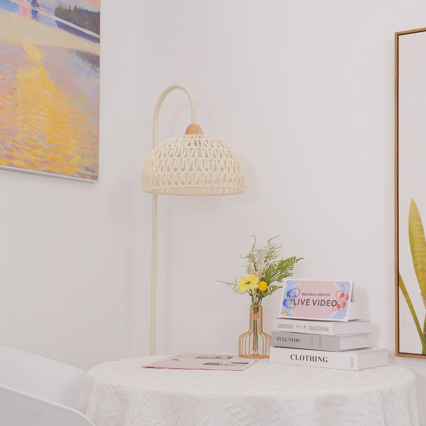 Rattan Arch Floor Lamp - Stylish Beige Indoor Lighting