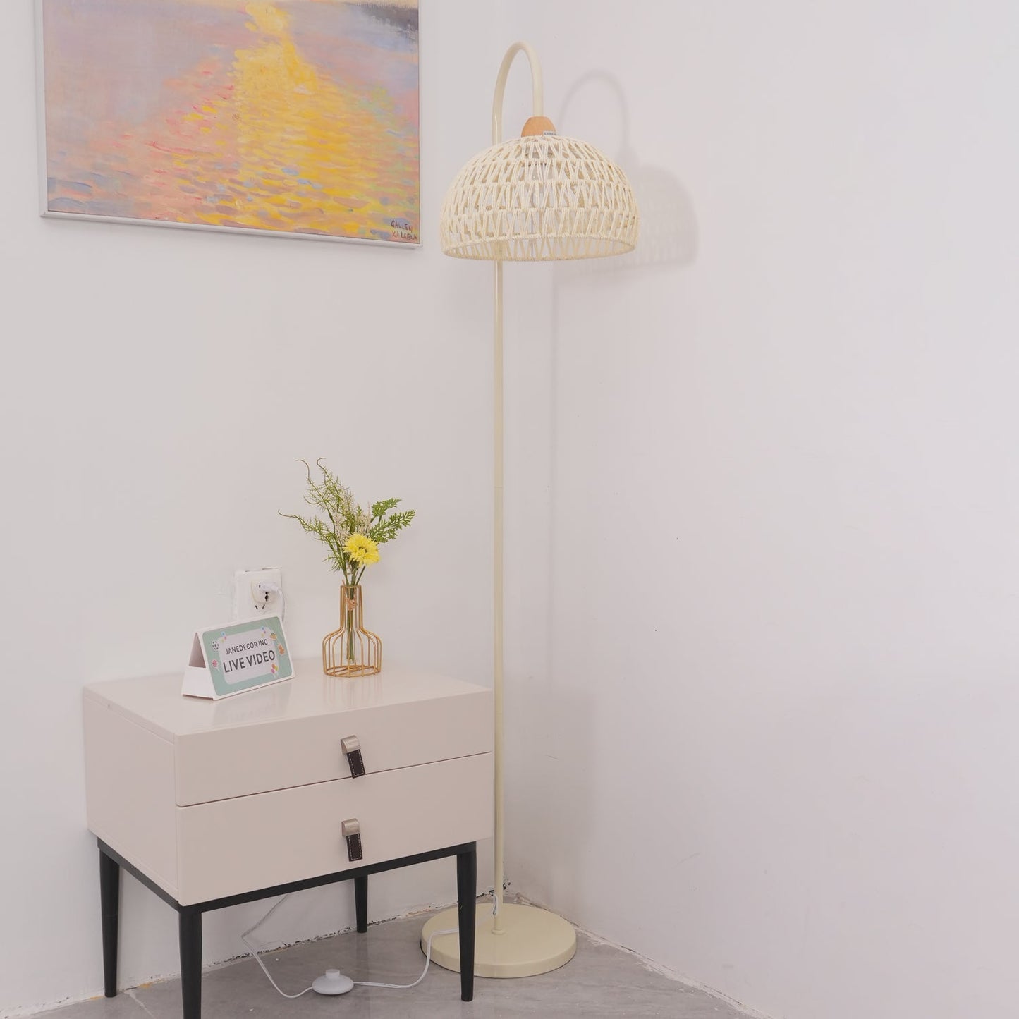Rattan Arch Floor Lamp - Stylish Beige Indoor Lighting