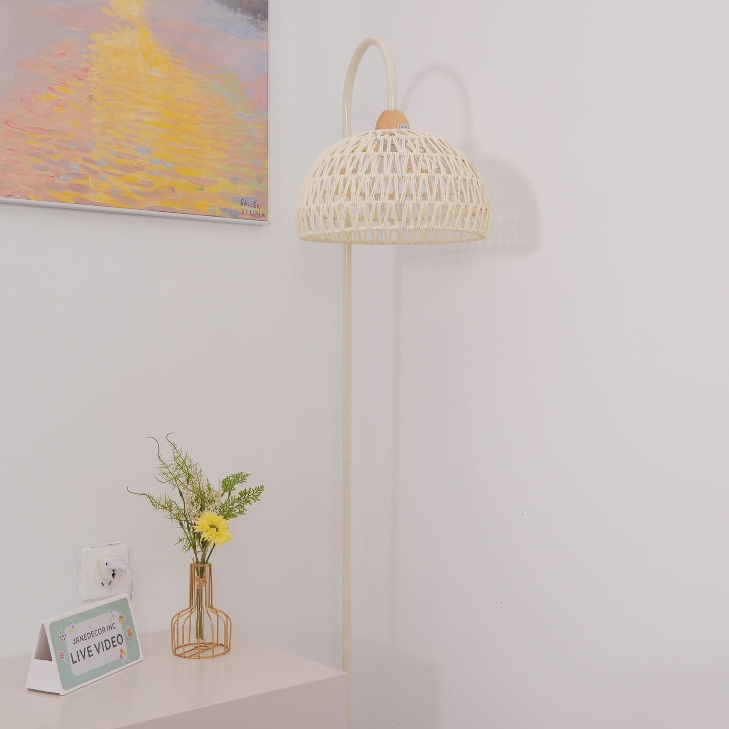 Rattan Arch Floor Lamp - Stylish Beige Indoor Lighting