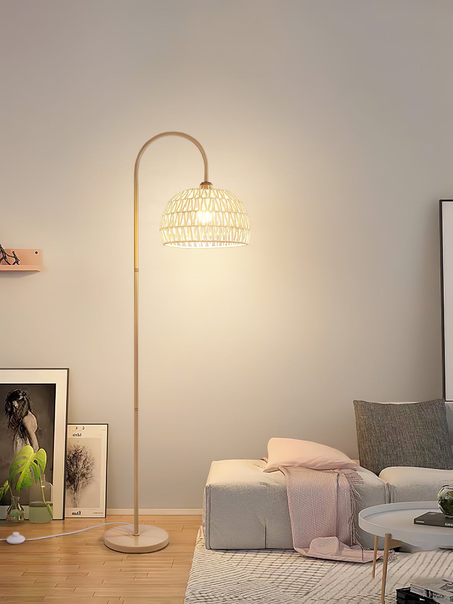 Rattan Arch Floor Lamp - Stylish Beige Indoor Lighting