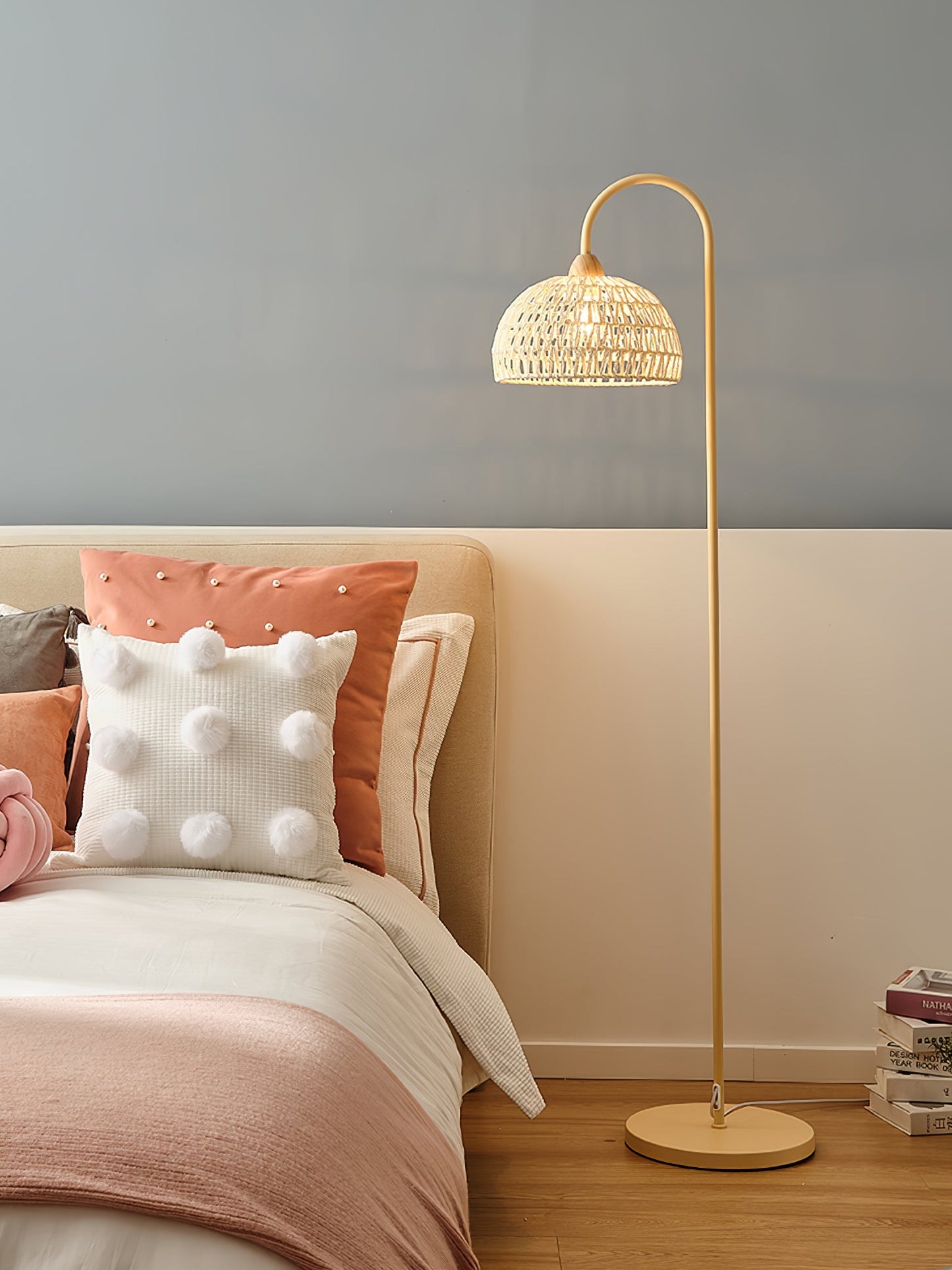 Rattan Arch Floor Lamp - Stylish Beige Indoor Lighting