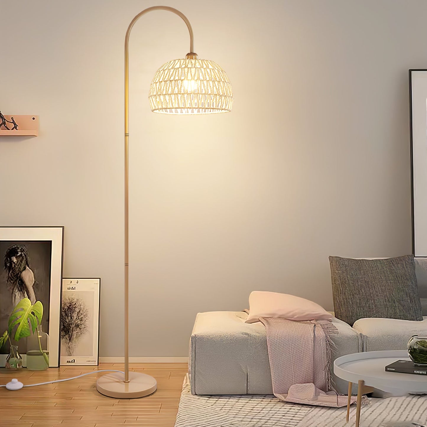 Rattan Arch Floor Lamp - Stylish Beige Indoor Lighting