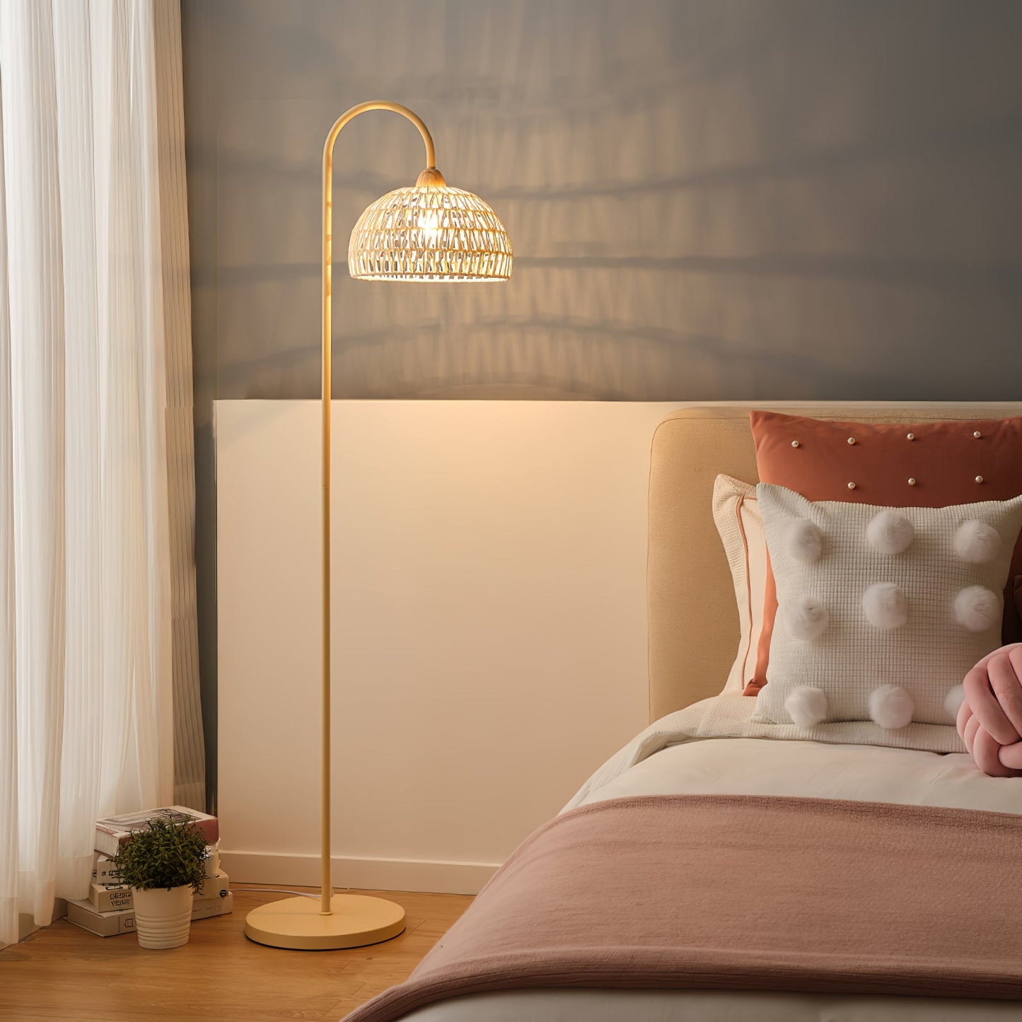 Rattan Arch Floor Lamp - Stylish Beige Indoor Lighting