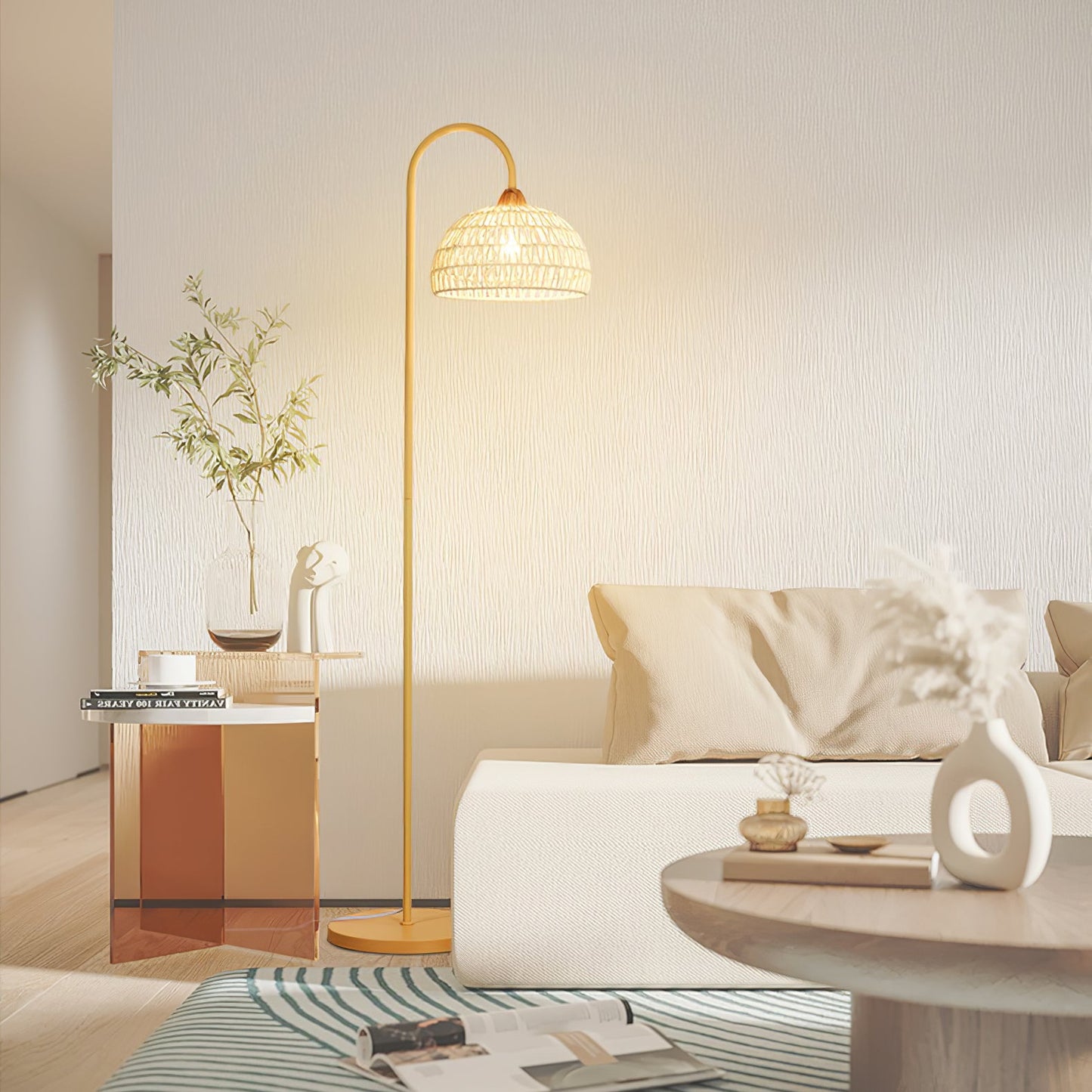 Rattan Arch Floor Lamp - Stylish Beige Indoor Lighting