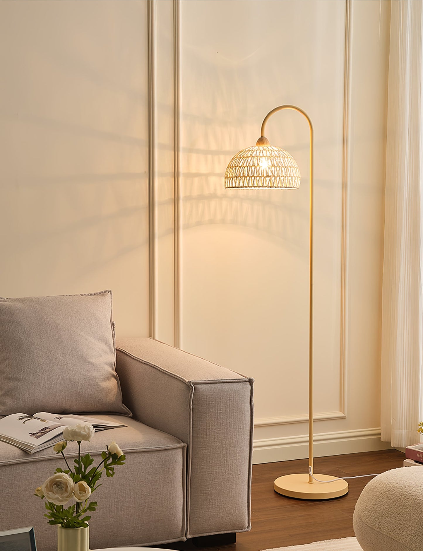 Rattan Arch Floor Lamp - Stylish Beige Indoor Lighting