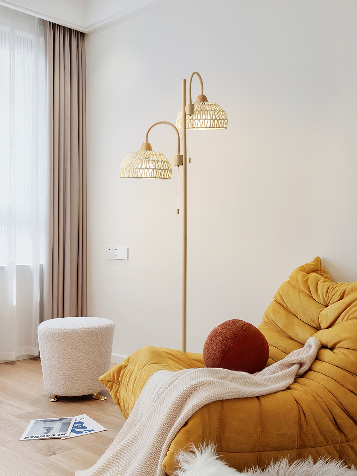 Rattan Arch Floor Lamp - Stylish Beige Indoor Lighting