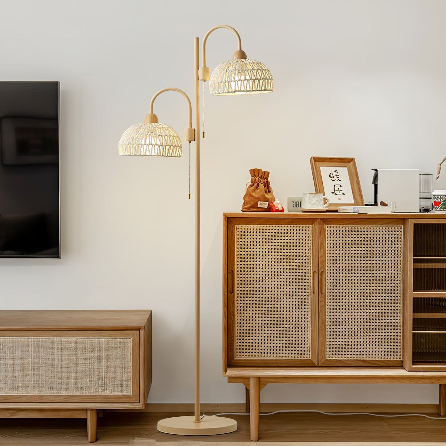 Rattan Arch Floor Lamp - Stylish Beige Indoor Lighting
