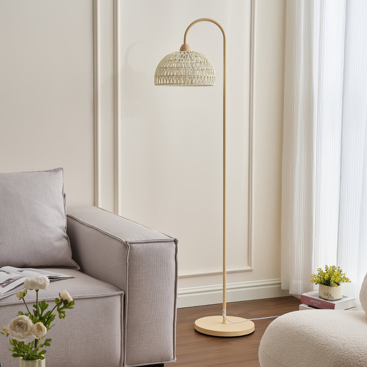 Rattan Arch Floor Lamp - Stylish Beige Indoor Lighting