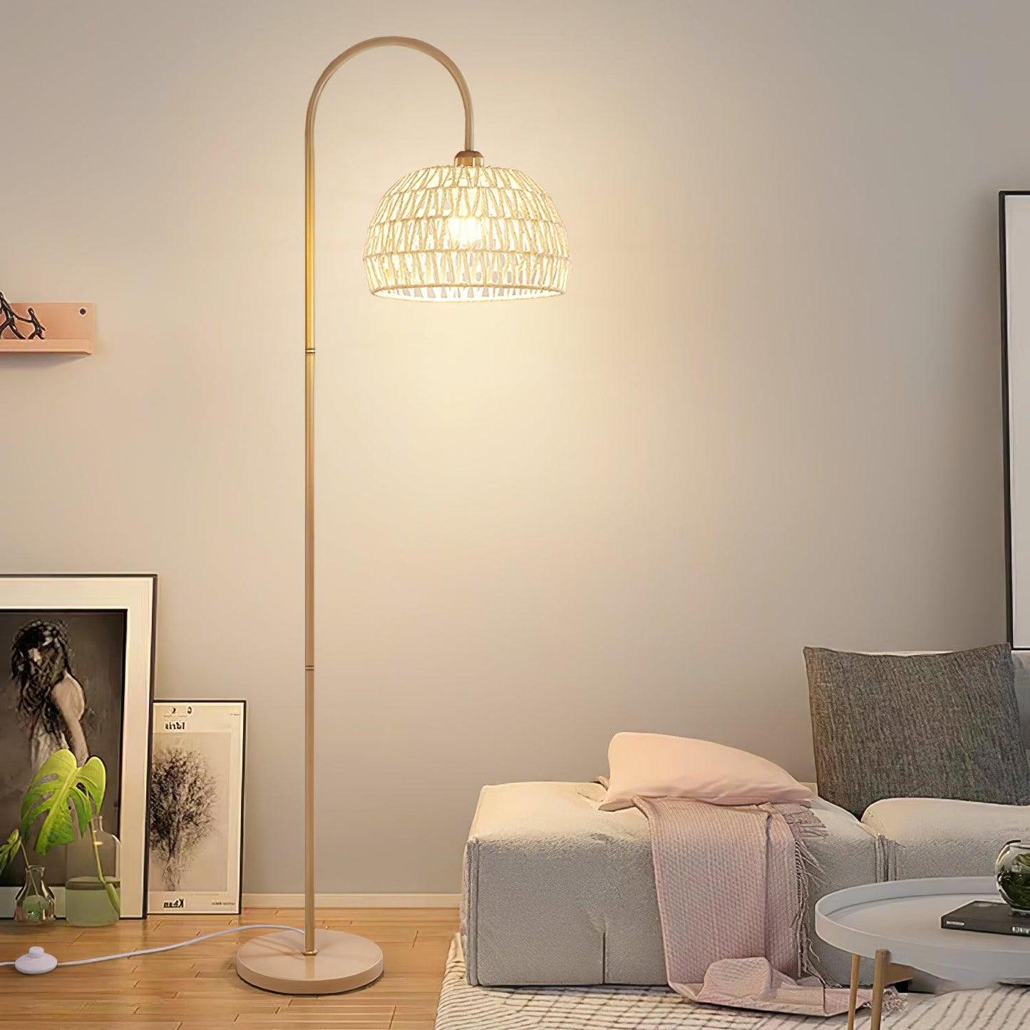 Rattan Arch Floor Lamp - Stylish Beige Indoor Lighting
