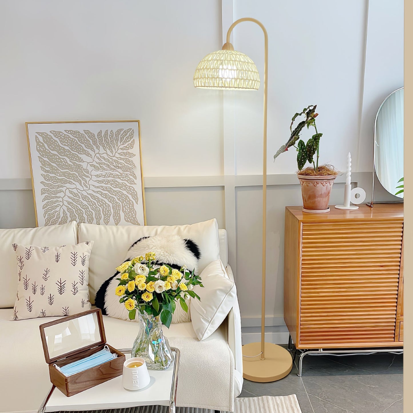 Rattan Arch Floor Lamp - Stylish Beige Indoor Lighting