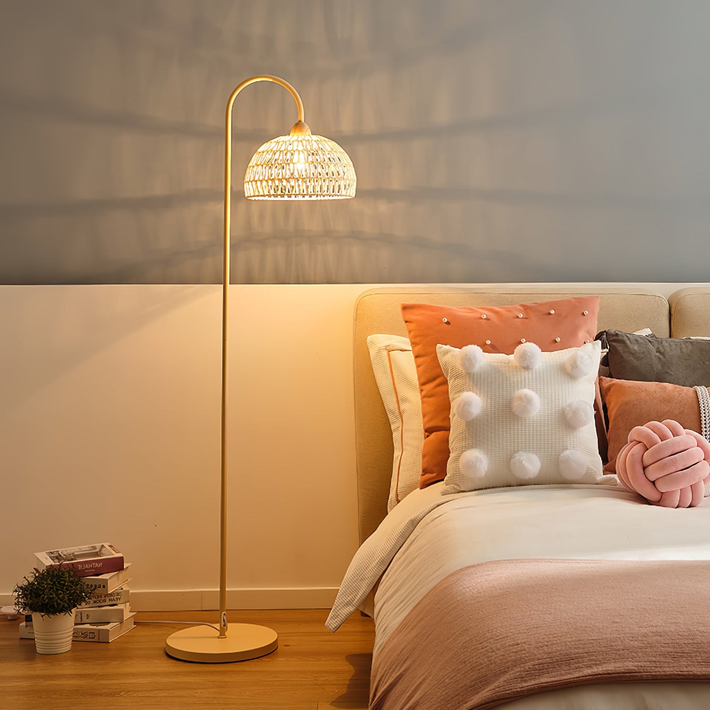 Rattan Arch Floor Lamp - Stylish Beige Indoor Lighting