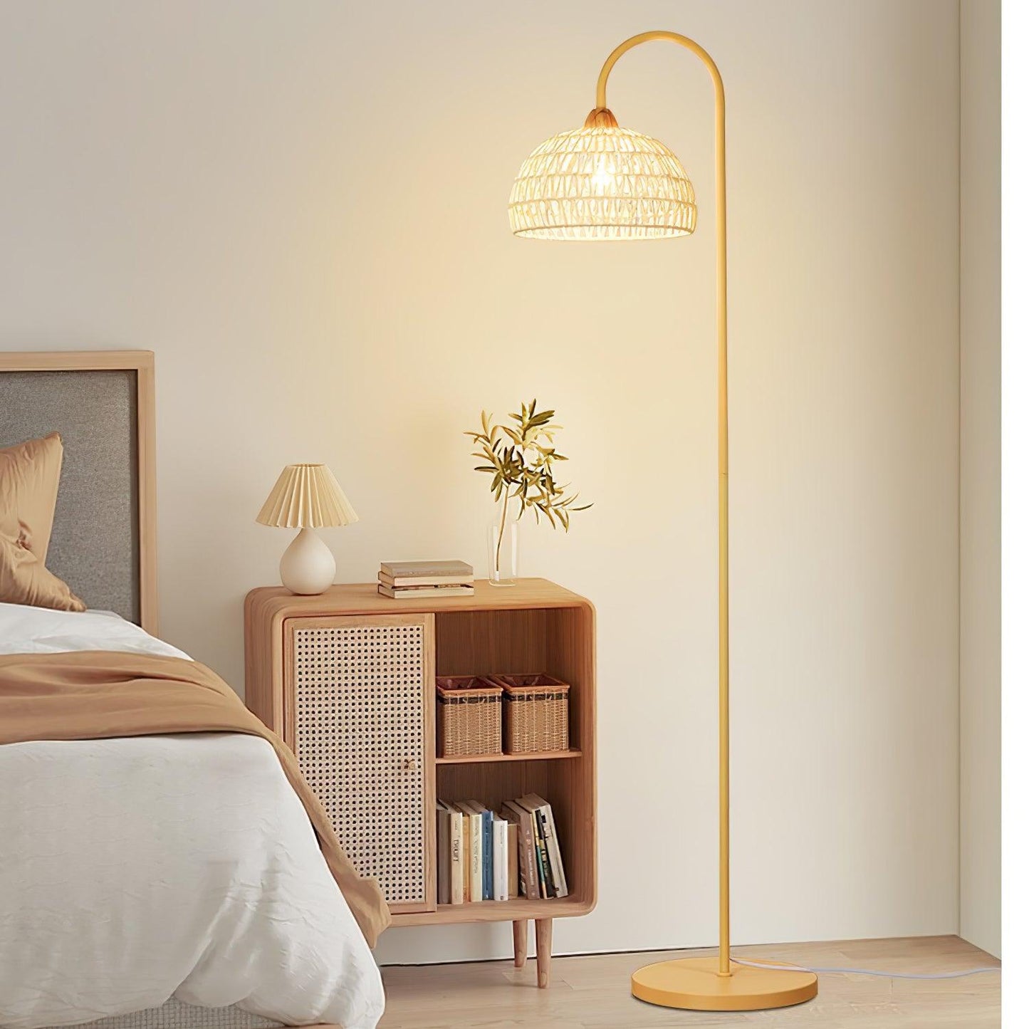 Rattan Arch Floor Lamp - Stylish Beige Indoor Lighting