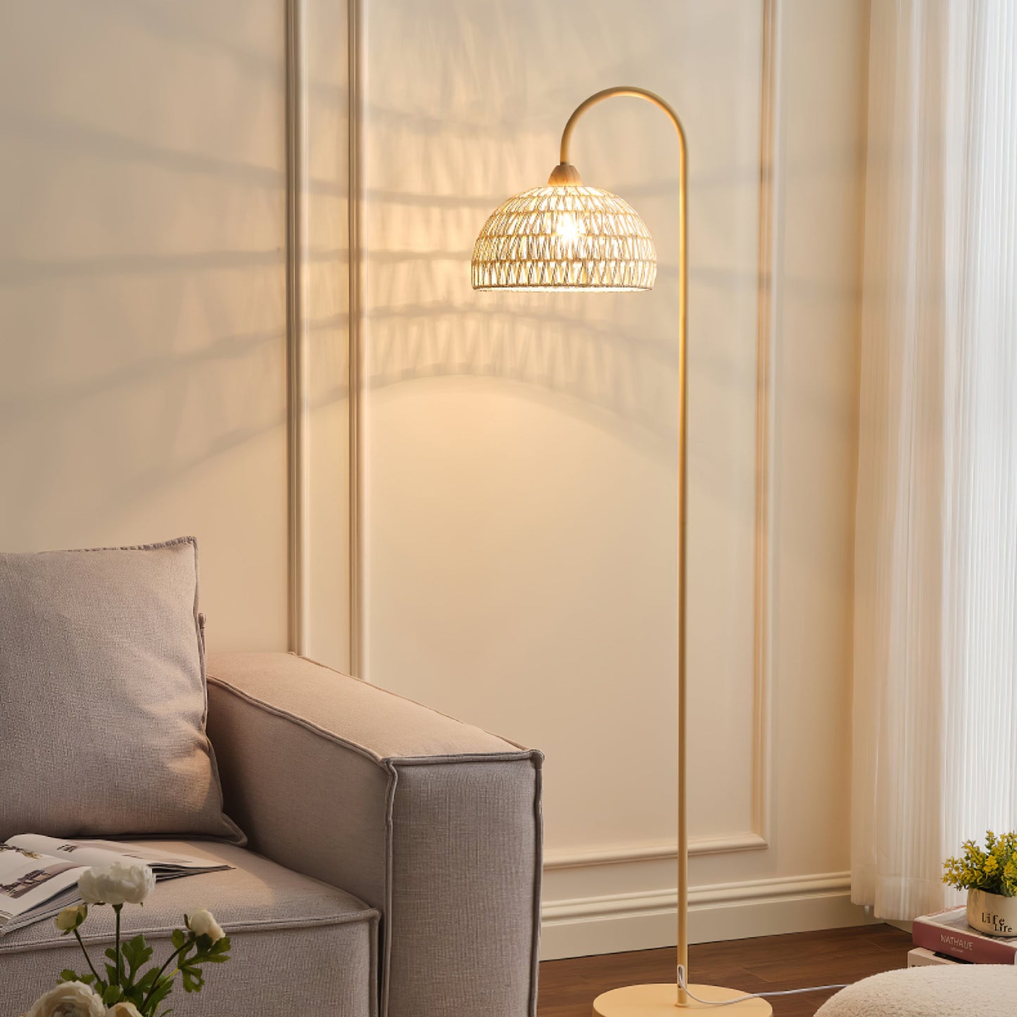 Rattan Arch Floor Lamp - Stylish Beige Indoor Lighting