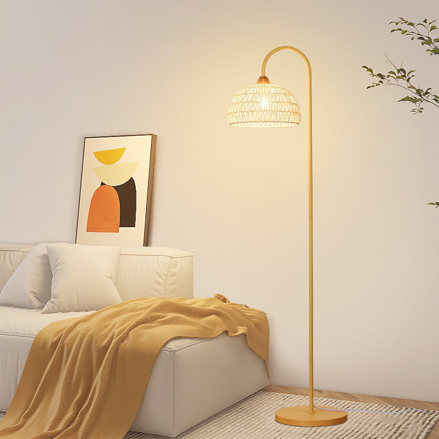 Rattan Arch Floor Lamp - Stylish Beige Indoor Lighting